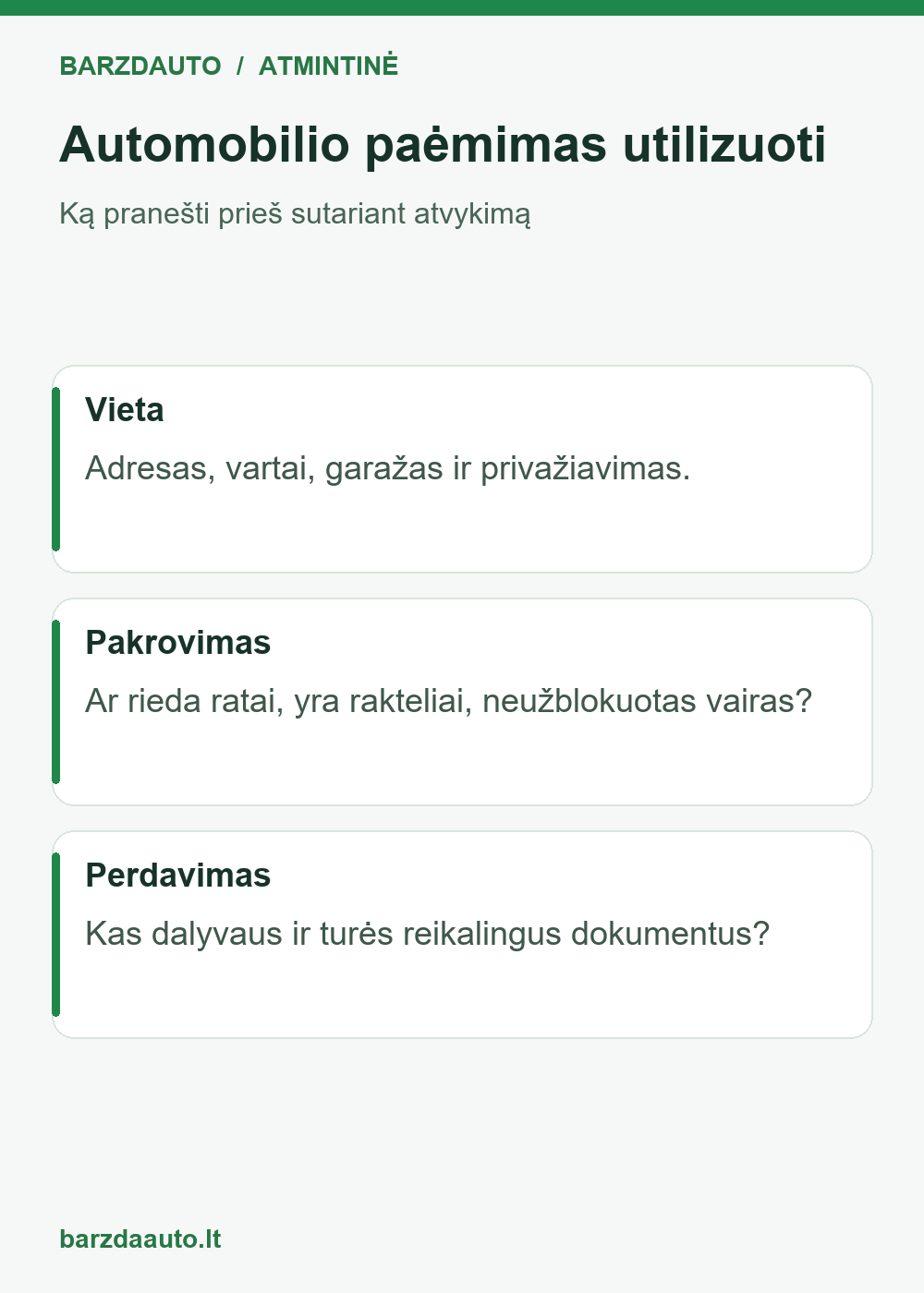 Automobilio paėmimas utilizuoti – vieta, pakrovimas, perdavimas.
