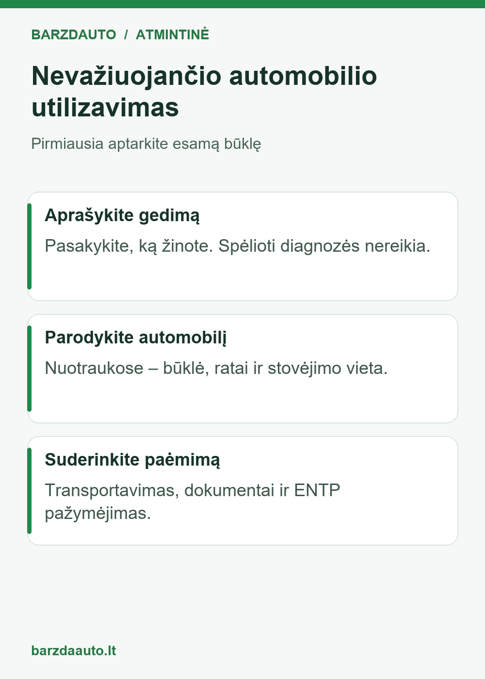 Nevažiuojančio automobilio utilizavimas – aprašykite gedimą, parodykite automobilį, suderinkite paėmimą.