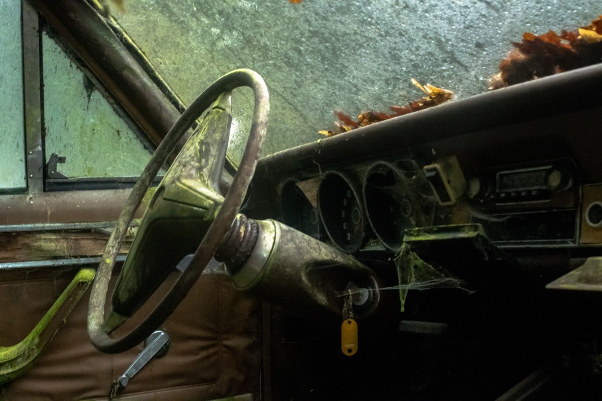 Ilgai nenaudoto automobilio vairas ir prietaisų skydelis