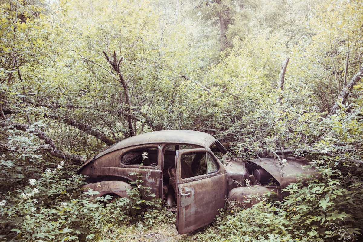 Surūdijęs seno automobilio kėbulas be langų
